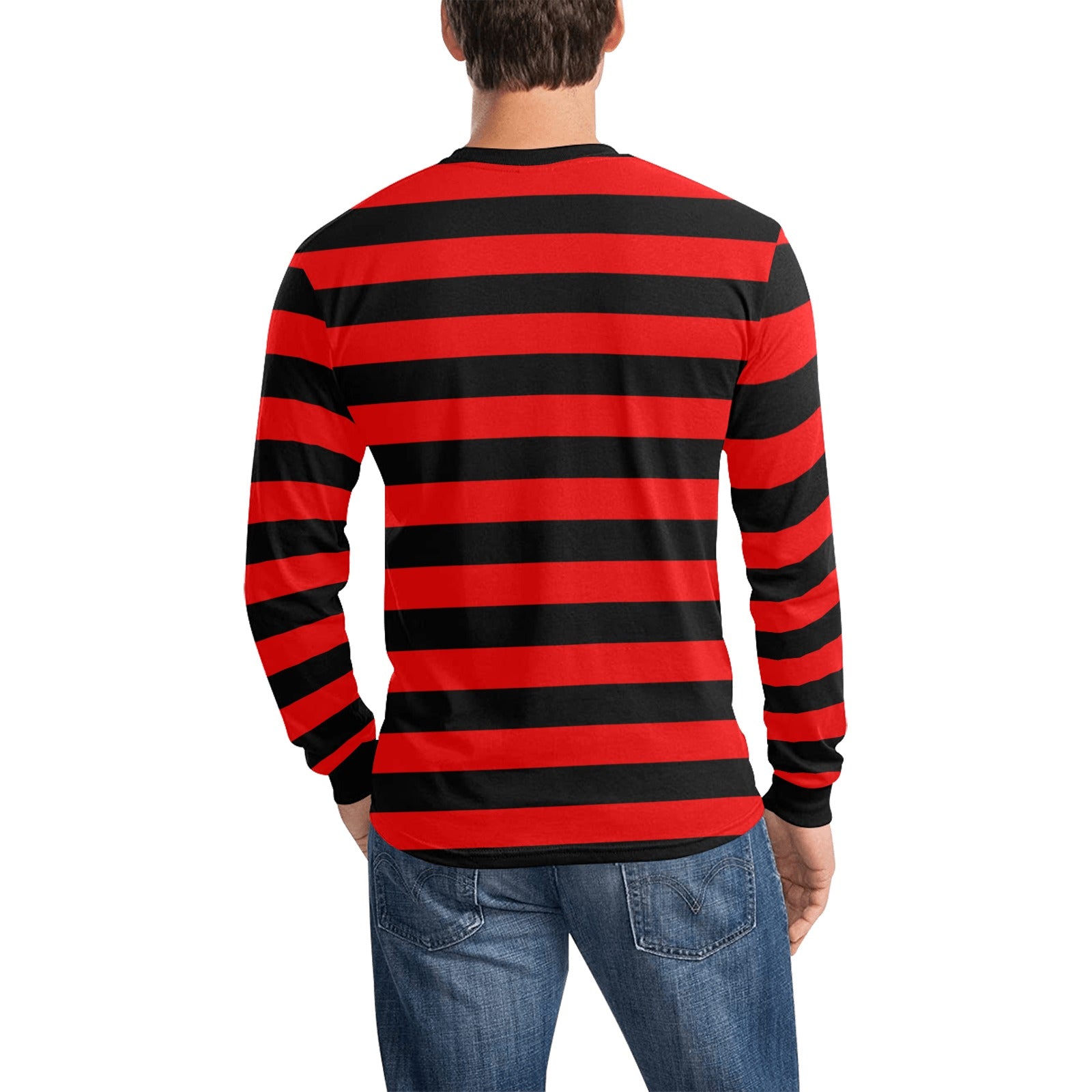 Men Long Sleeve Black Red Striped TShirt, Graphic Vintage Retro Stripes  Crewneck Unisex Women Designer Tee