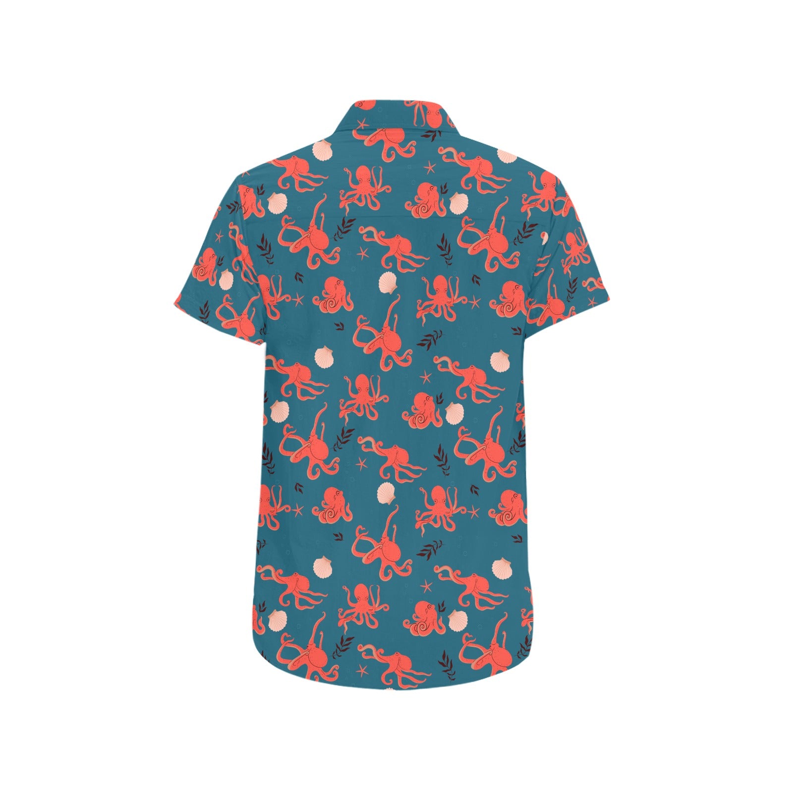 Octopus Ocean Short Sleeve Men Button Up Shirt, Beach Blue Sea Shells Kraken Print Casual Buttoned Down Summer Dress Plus Size Shirt Starcove Fashion