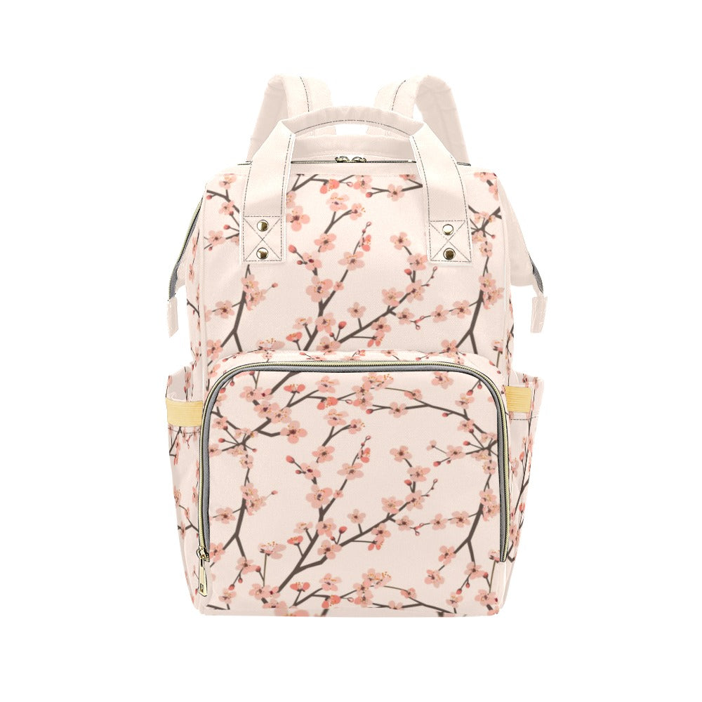 Cherry Blossom Floral Diaper Bag Backpack, Blush Pink Flowers Baby Girl Waterproof Insulated Pockets Mom Designer Men Women Multipurpose