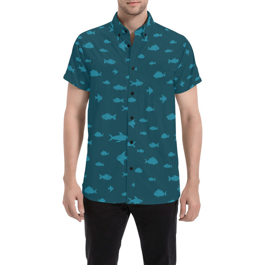 Fish Short Sleeve Men Button Up Shirt, Shark Fishing Ocean Sea Print Casual Buttoned Down Summer Casual Dress Plus Size Collared Starcove Fashion