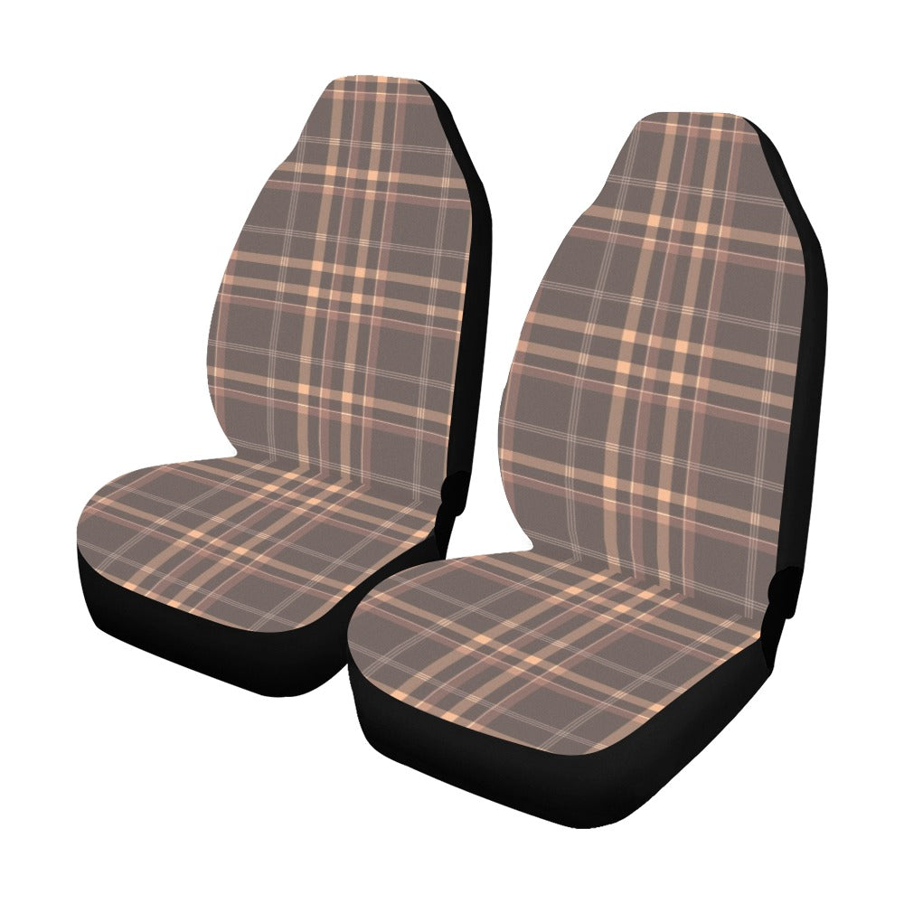 Brown Tartan Car Seat Covers 2 pc, Plaid Checks Pattern Front Seat Covers, Car SUV Truck Rv Seat Protector Accessory Decoration