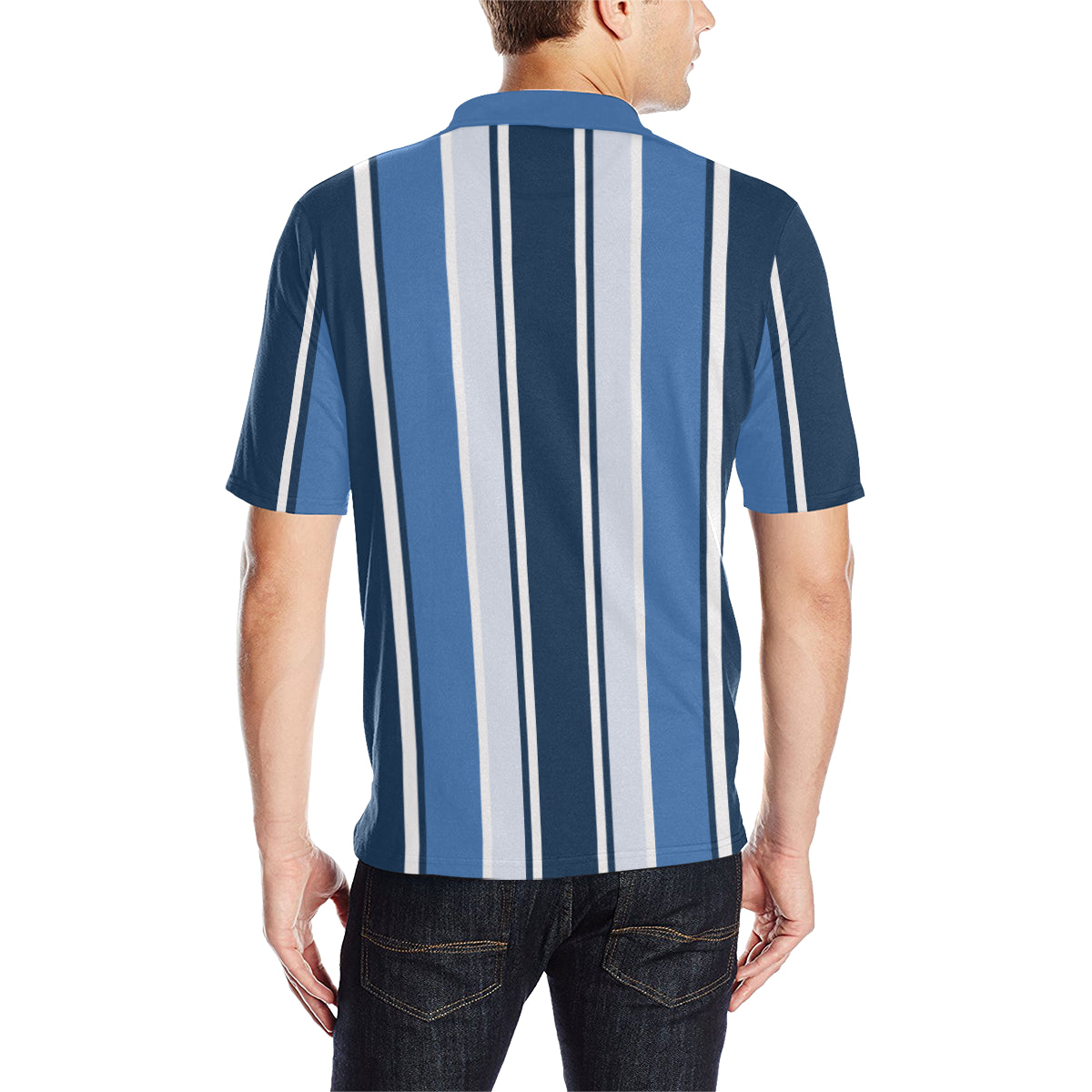 Blue Vertical Striped Men Polo Shirt, 90s Vintage Stripe Short Sleeve Classic Collared Button Down Up Rugby Golf Polo Gift for Him Starcove Fashion