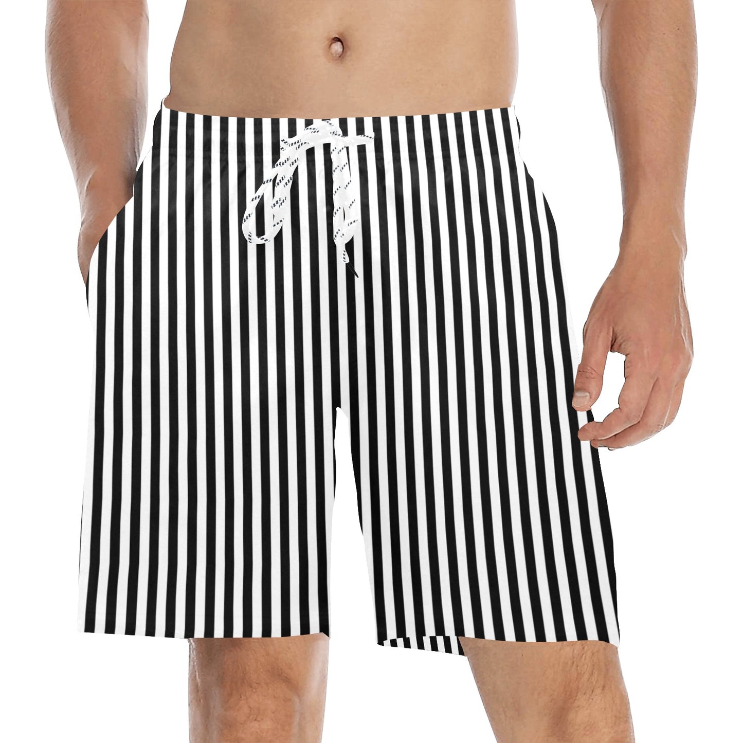 Black White Striped Men Swim Trunks, Mid Length Shorts Beach Pockets Mesh Lining Drawstring Male Casual Bathing Suit Plus Size Swimwear