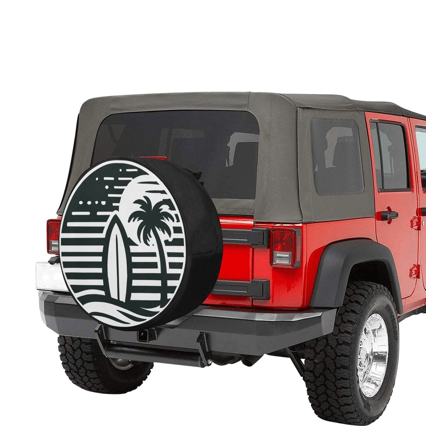 Surfboard Sun Palm Trees Spare Tire Cover, Wheel Tropical Custom Unique Car Accessory Beach Back Up Camera Hole Men Women Girls Camper RV