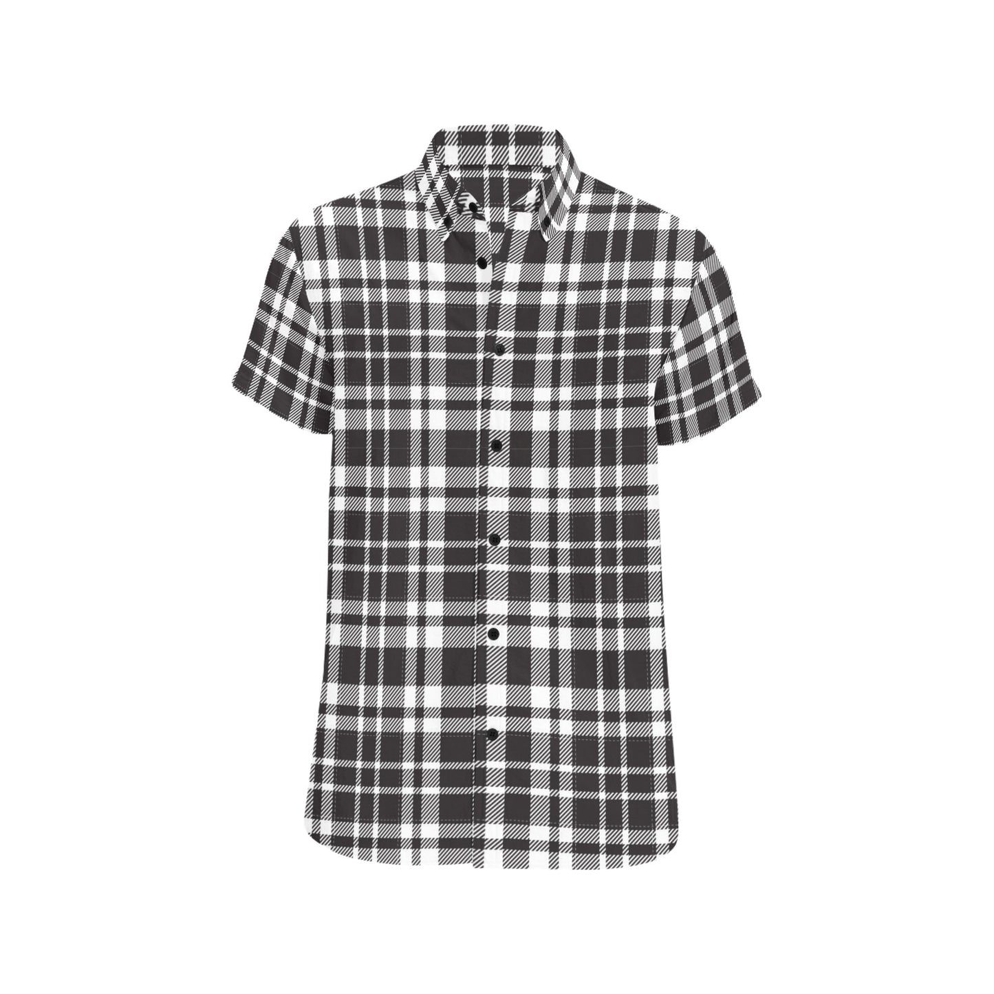 Plaid Short Sleeve Men Button Up Shirt, Black White Checkered Check Print Casual Buttoned Down Summer Dress Shirt Gift Husband