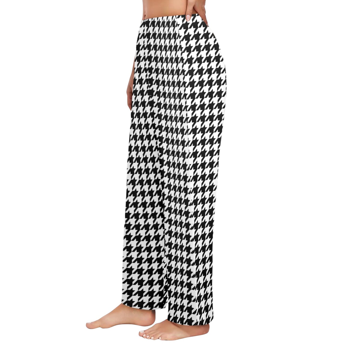 Houndstooth Women Pajamas Pants, Black White Pattern Satin PJ Pockets Trousers Couples Matching Ladies Trousers Bottoms