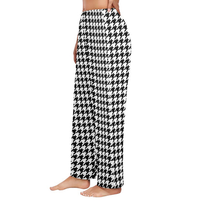 Houndstooth Women Pajamas Pants, Black White Pattern Satin PJ Pockets Trousers Couples Matching Ladies Trousers Bottoms