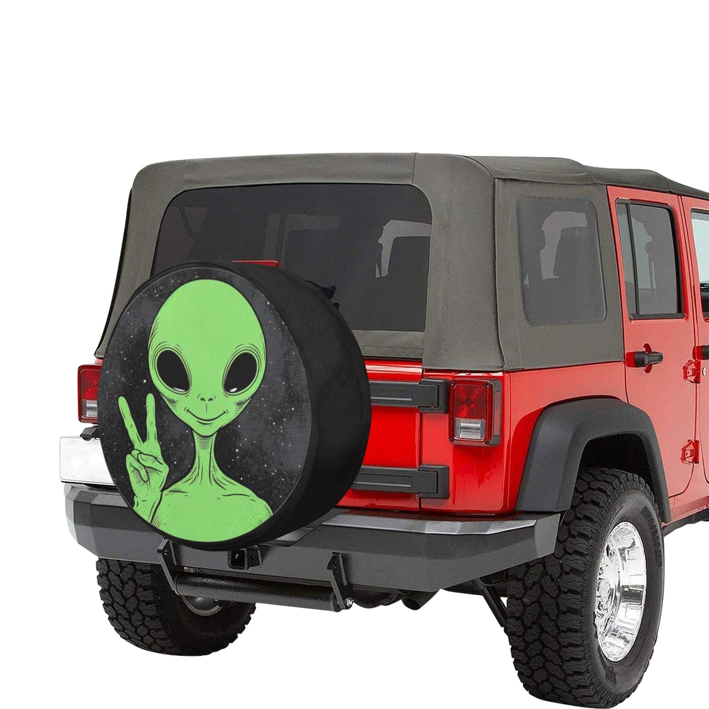 Alien Peace Sign Spare Tire Cover, Space Green Backup Camera Hole Rear Wheel Accessories Custom Unique Design Trailer Camper RV Back