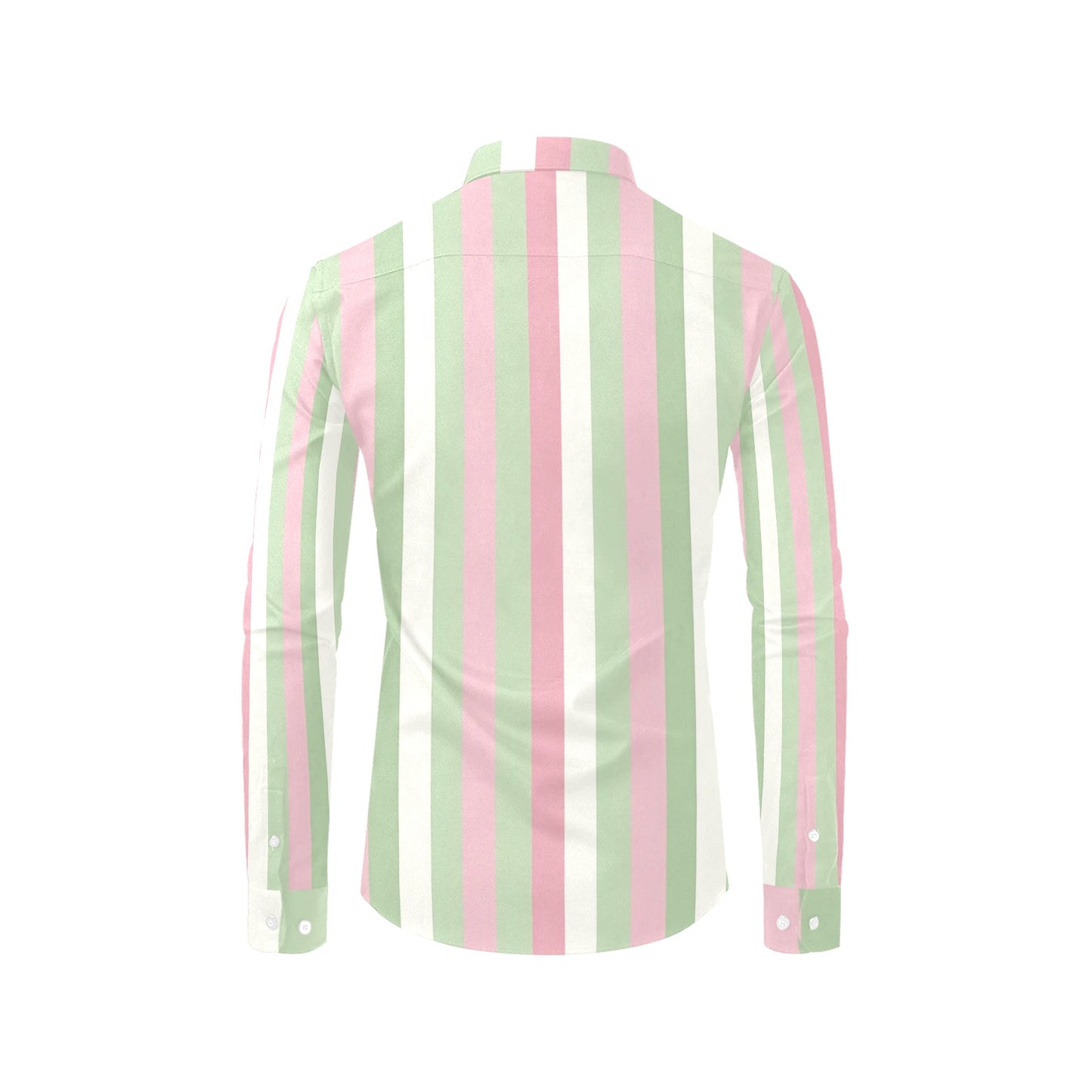 Pink Green Striped Long Sleeve Men Button Up Shirt, Pastel White Print Buttoned Collared Dress Shirt with Chest Pocket