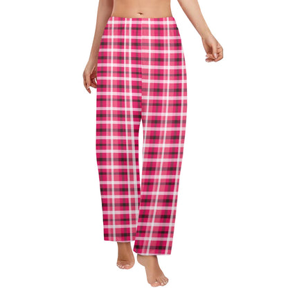 Red Pink Plaid Women Pajamas Pants, Buffalo Check Christmas Xmas Satin PJ Funny Pockets Trousers Couples Matching Ladies Trousers Bottoms