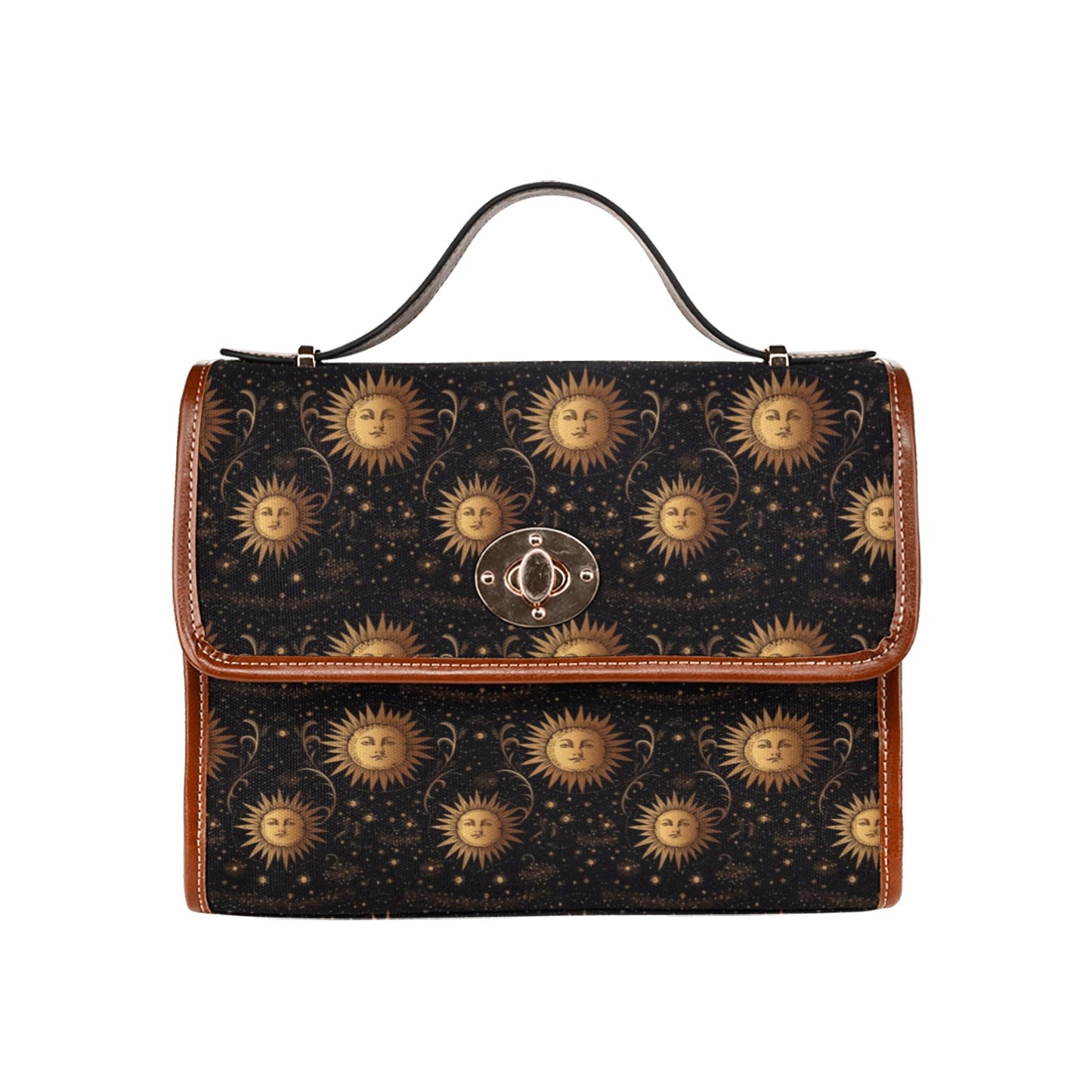 Sun Canvas Satchel bag, Retro Planets Space Stars Vintage Waterproof Brown Cute Women Crossed Body Purse Vegan Leather Strap Handbag