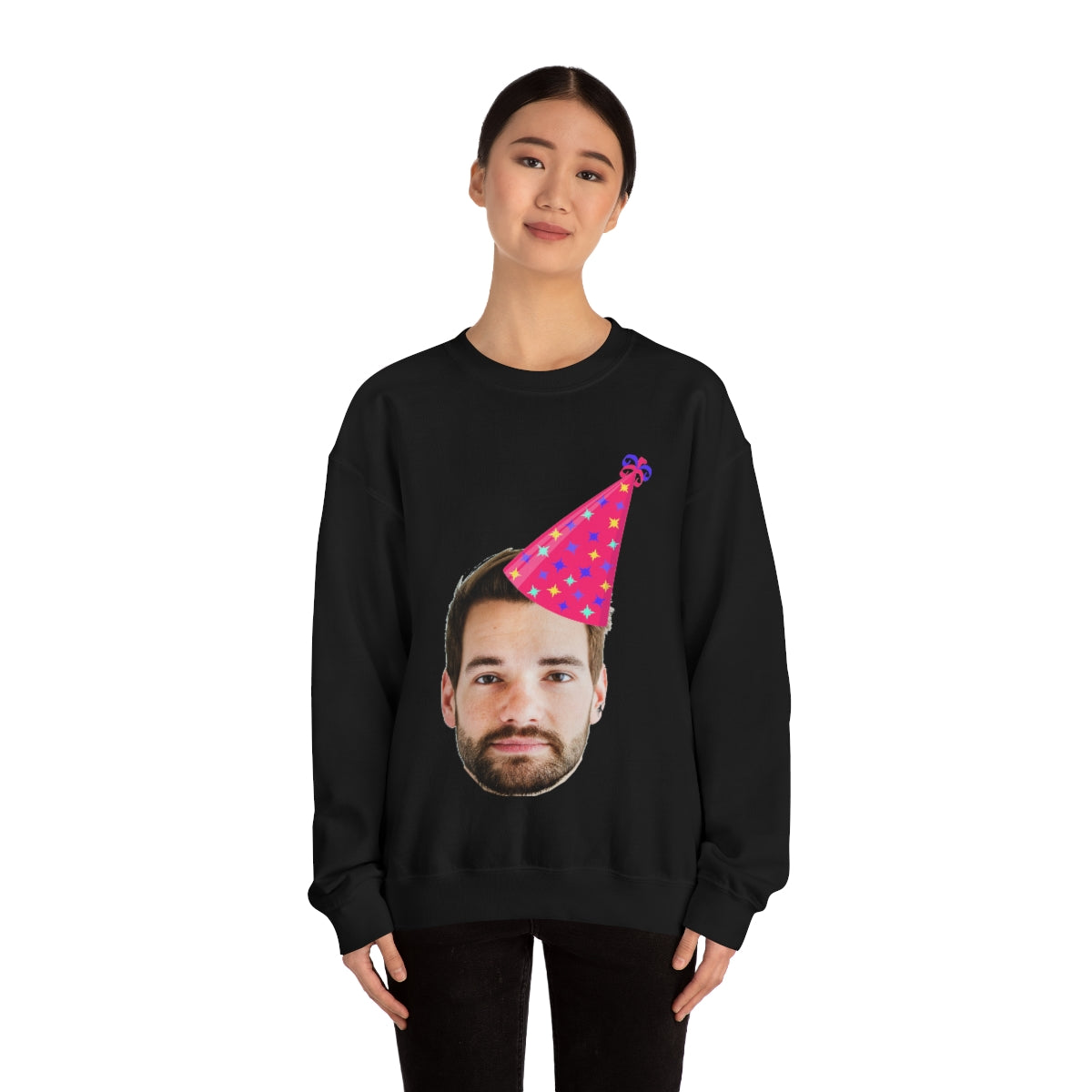 Custom Photo Sweatshirt, Face Birthday Party Hat Crewneck Fleece Sweater Jumper Pullover Men Women Adult Top Starcove Fashion