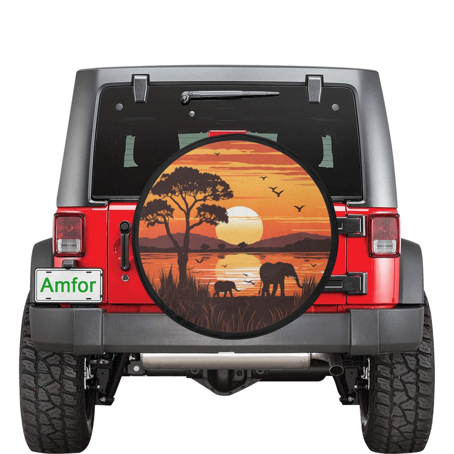 Safari Spare Tire Wheel Cover, Sunset Africa Wild Animal Elephants Adventure Travel Back Up Camera Hole Design Spare RV Car Lover Camper