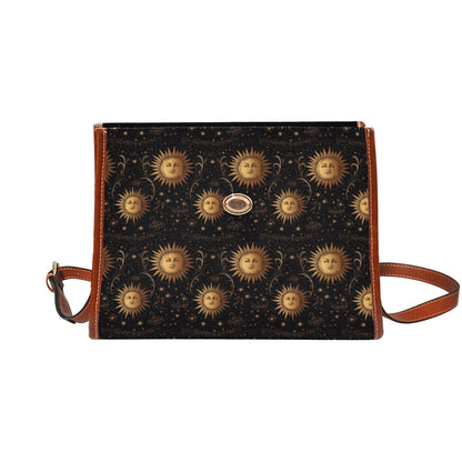 Sun Canvas Satchel bag, Retro Planets Space Stars Vintage Waterproof Brown Cute Women Crossed Body Purse Vegan Leather Strap Handbag