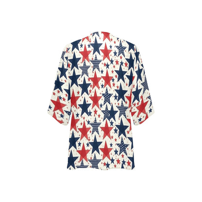 Red White and Blue Stars Beach Kimono Cover Up Chiffon Women, American Stars Stripes Swimsuit Bathing Suit Bikini Sexy Coverup Plus Size