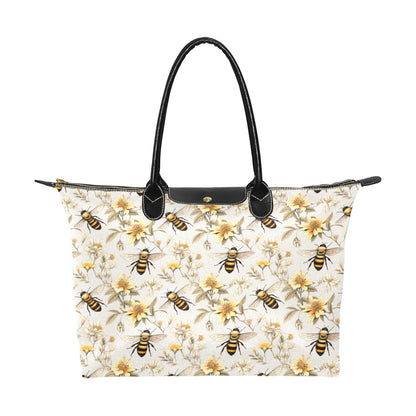 Bumble Bee Floral Purse Handbag Women, Flowers Floral White Print Canvas and Leather Tote Designer Accessory Bag Gift Ladies Purse