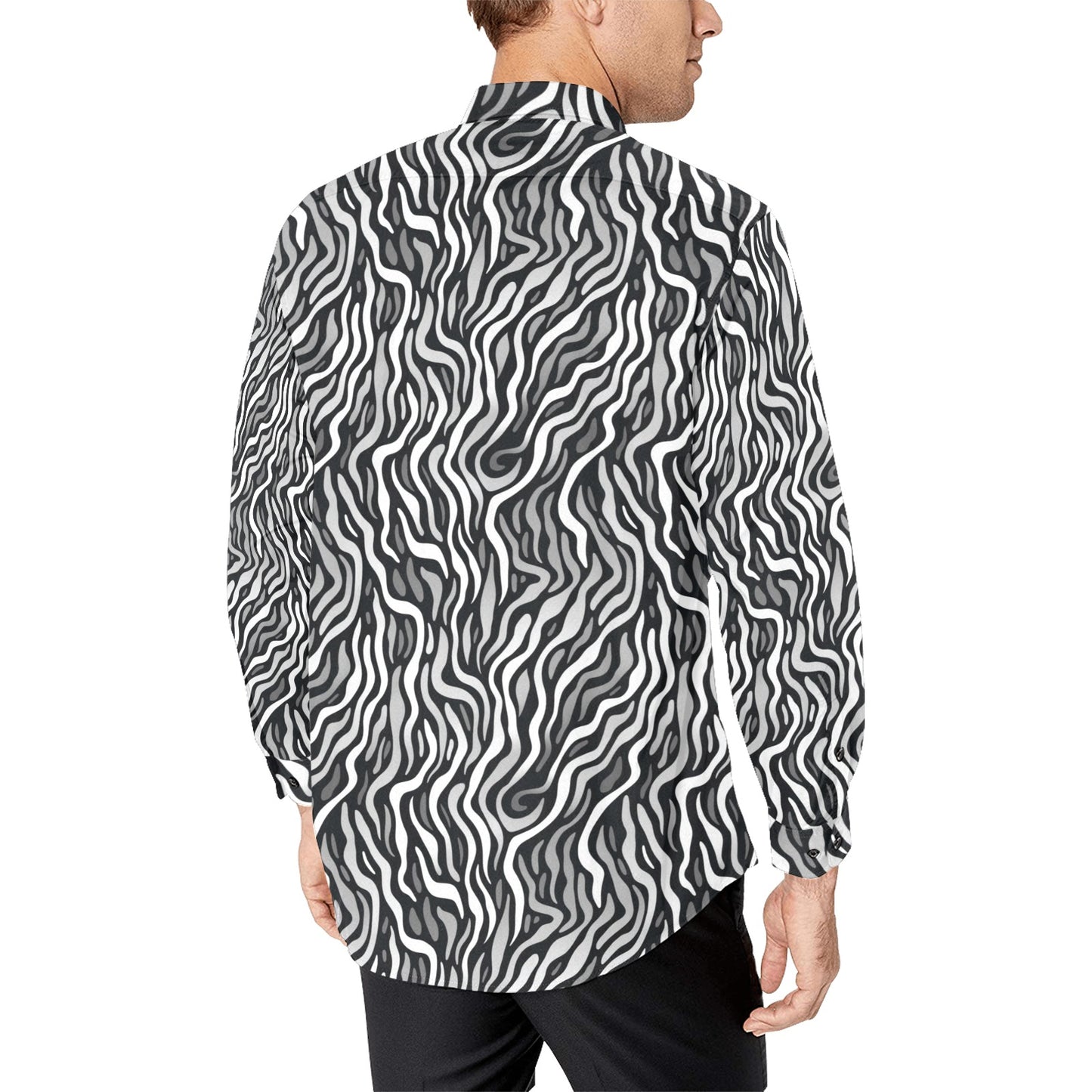 Black White Men Button Up Shirt, Grey Abstract Animal Print Art Guys Male Long Sleeve Buttoned Collar Casual Dress Shirt with Chest Pocket