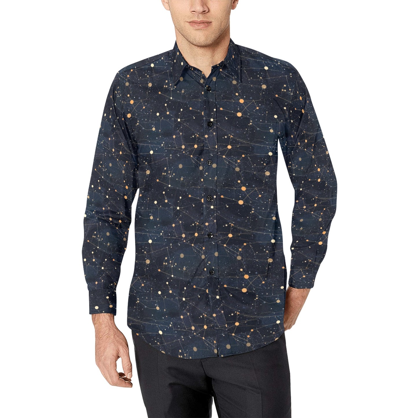 Constellation Space Long Sleeve Men Button Up Shirt, Universe Stars Print Dress Buttoned Collared Casual Dress Shirt with Chest Pocket Starcove Fashion