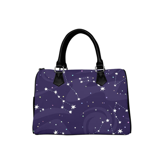 Constellation Space Purse Handbag Women, Celestial Cosmic Stars Art Print Top Handle Canvas Leather Boston Barrel Type Designer Ladies Bag