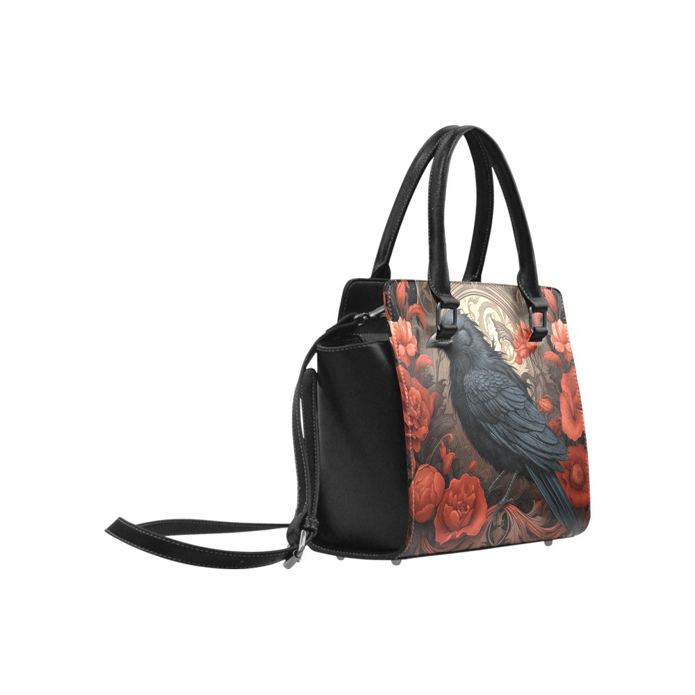 Raven Flowers Purse Handbag, Red Black Bird Gothic Botanical Floral Vegan Leather Designer Women Satchel Top Zip Handle Bag Shoulder Strap