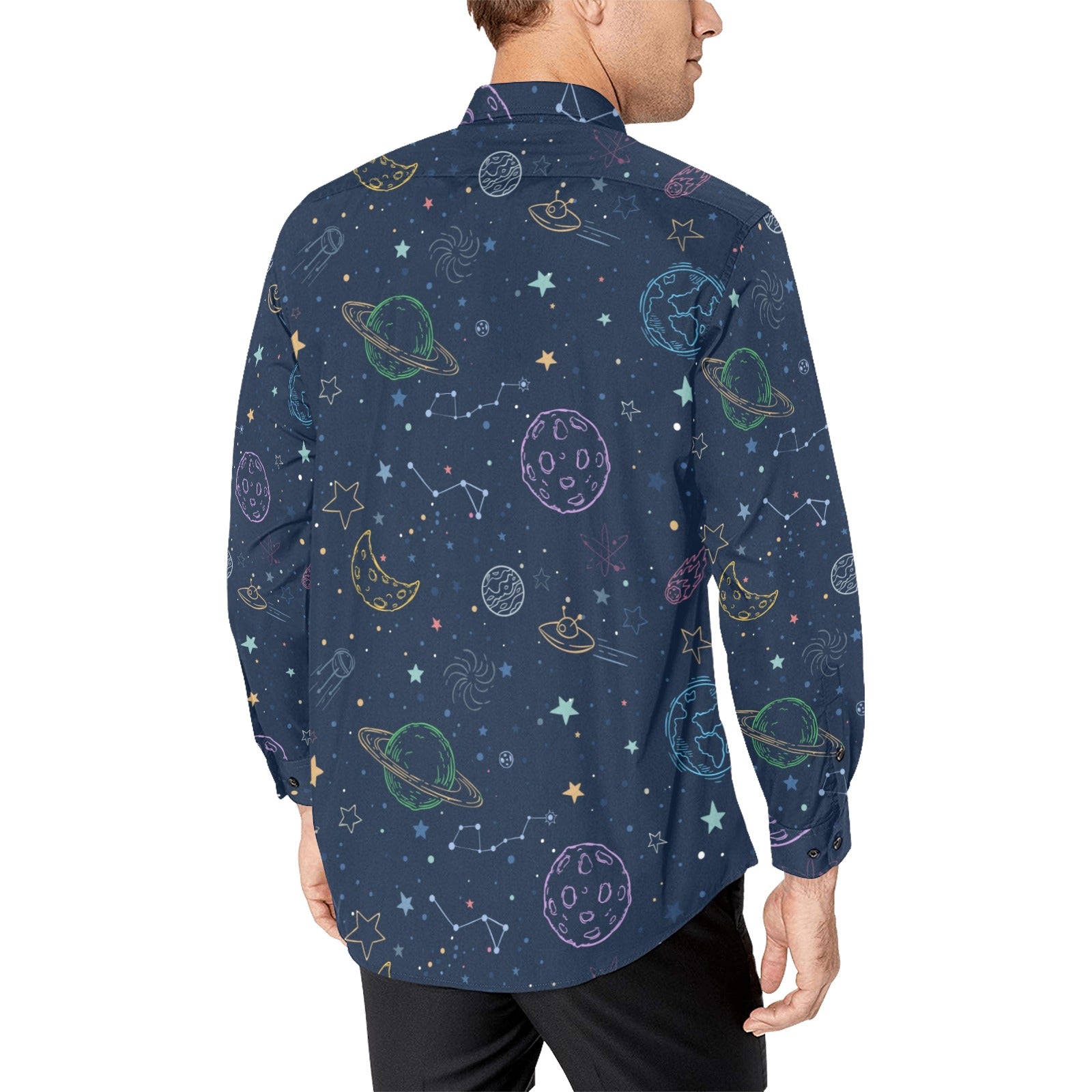 Planets Long Sleeve Men Button Up Shirt, Space Stars Constellations  Universe Cosmos Print Buttoned Collar Dress Shirt with Chest Pocket