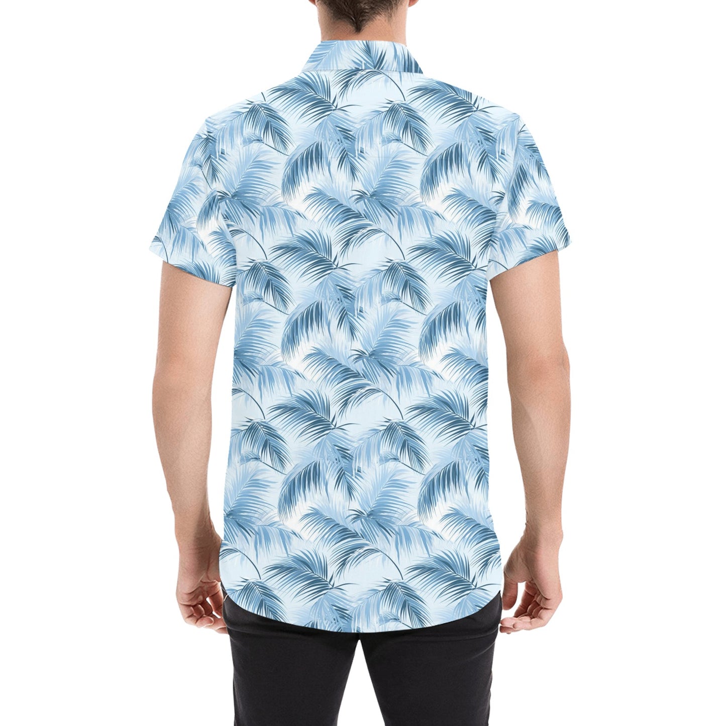 Palm Tree Leaves Short Sleeve Men Button Up Shirt, Blue Tropical Hawaiian Print Casual Buttoned Down Summer Dress Collared Shirt