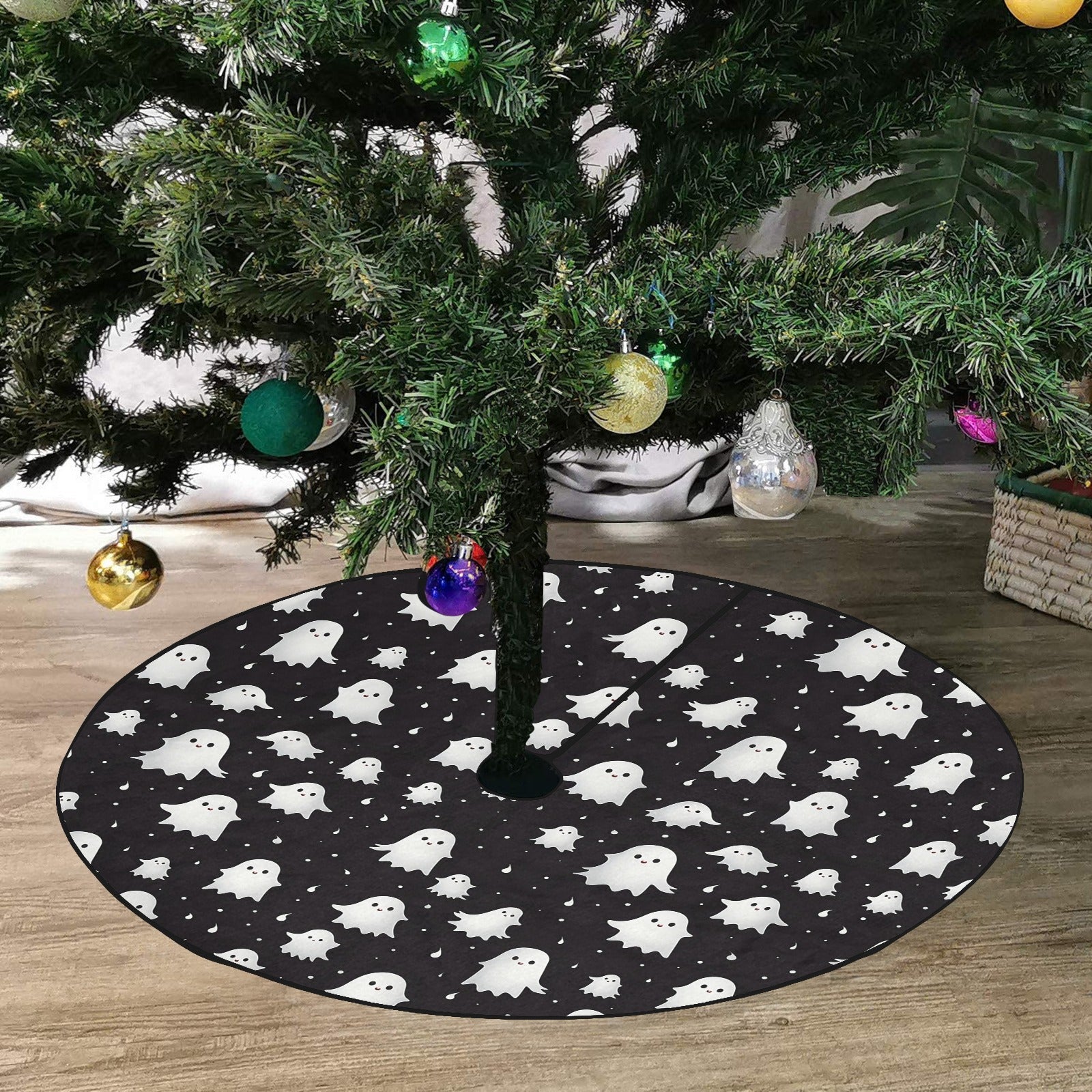 White Ghosts Halloween Christmas Tree Skirt, Black Dark Grey Small Large Spooky Stand Base Cover Goth Decor Decoration All Hallows Eve Party Starcove Fashion