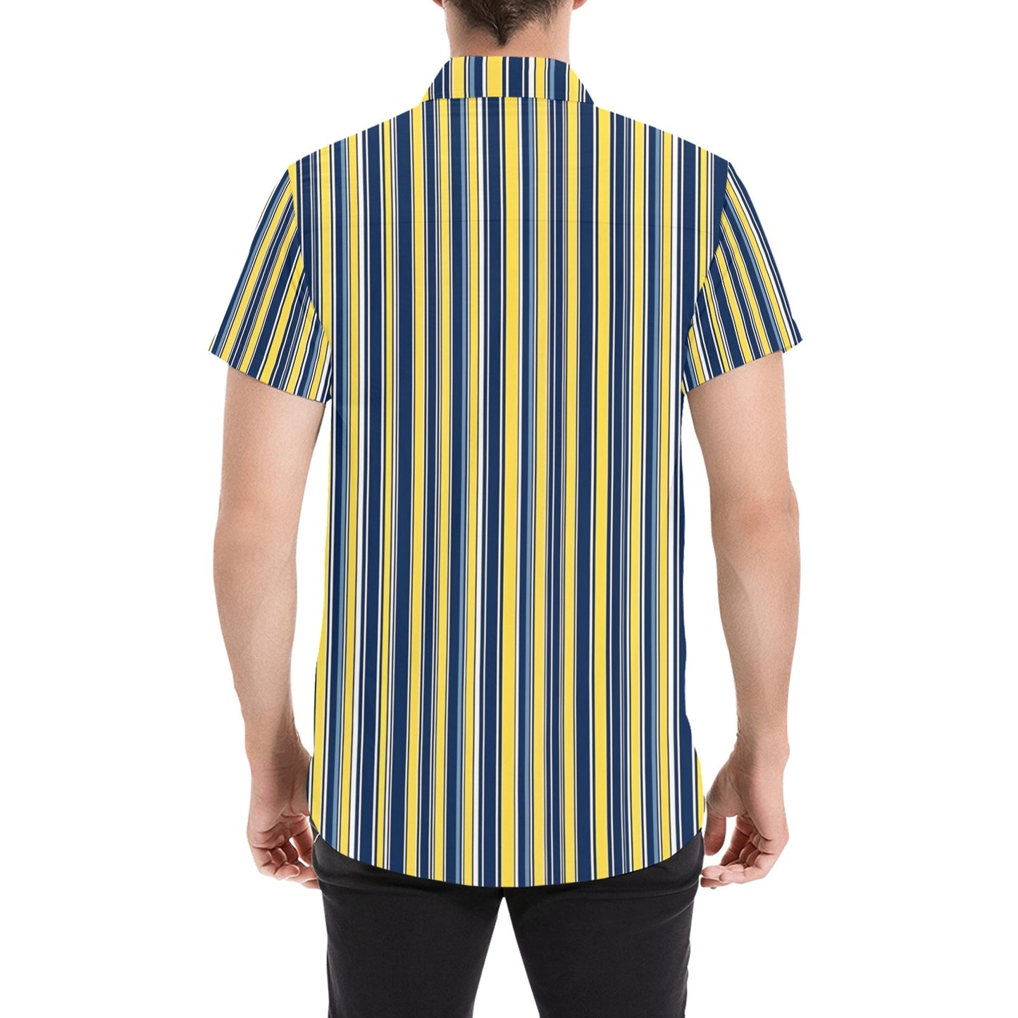 Blue and Yellow Short Sleeve Men Button Down Shirt, Vertical Stripes Vintage Retro Print Casual Buttoned Summer Dress Collared Shirt