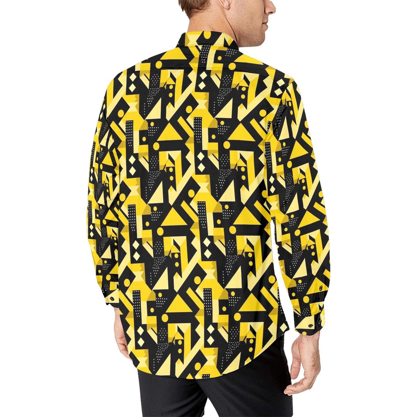 Black Yellow Geometric Long Sleeve Men Button Up Shirt, Abstract Modern Print Casual Buttoned Collared Designer Dress Shirt Chest Pocket