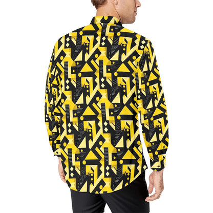 Black Yellow Geometric Long Sleeve Men Button Up Shirt, Abstract Modern Print Casual Buttoned Collared Designer Dress Shirt Chest Pocket