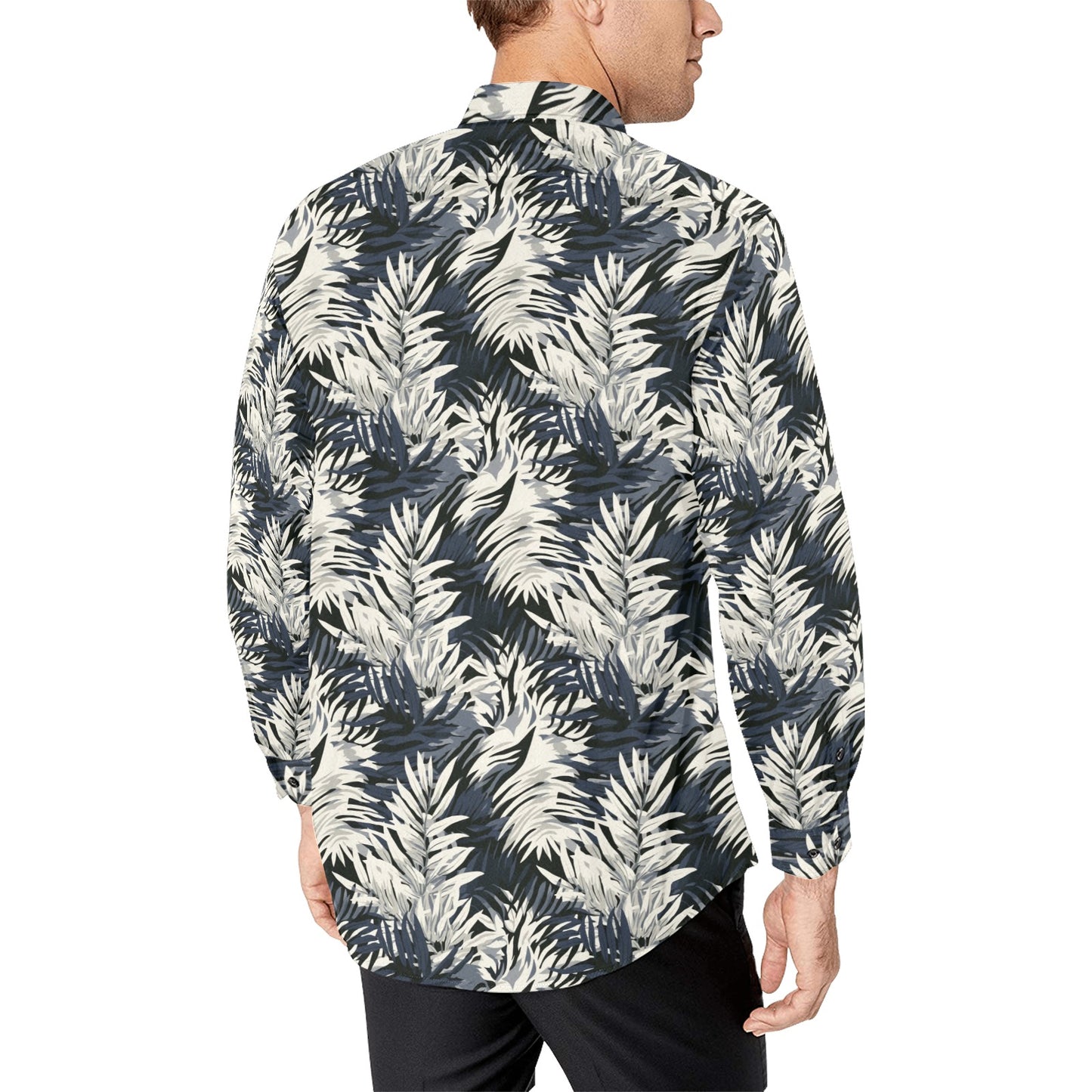 Tropical Leaves Long Sleeve Men Button Up Shirt, Black White Palm Summer Print Dress Buttoned Collar Casual Dress Shirt with Chest Pocket