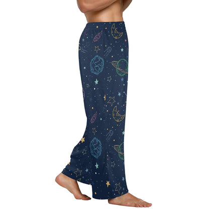 Planets Space Men Pajamas Pants, Galaxy Stars Celestial Universe Satin PJ Pockets Sleep Lounge Trousers Guys Male Matching Trousers Bottoms