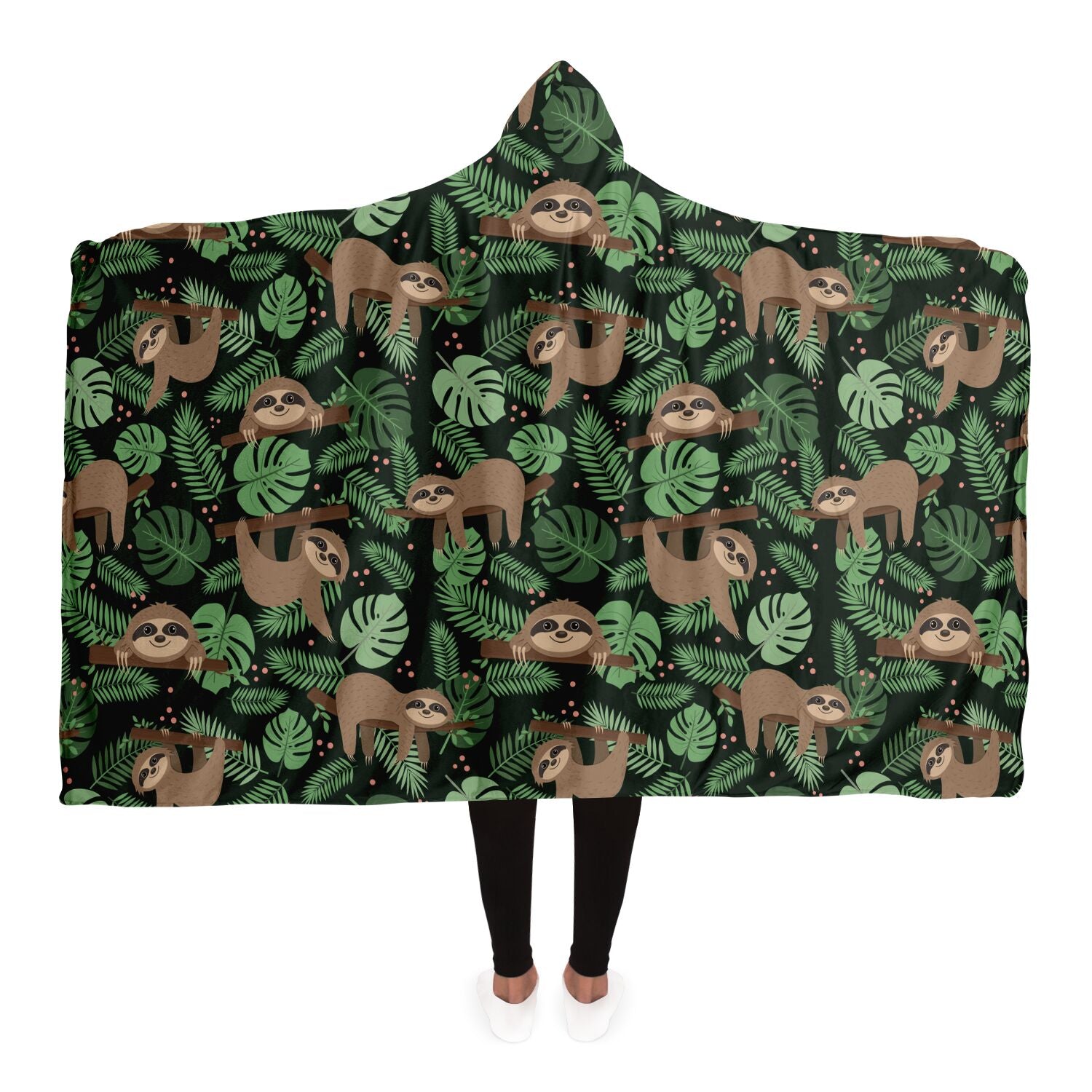 Sloth Green Hooded Blanket, Sleeping Animal Leaves Plants Cute Sherpa Fleece Soft Fluffy Cozy Warm Adult Men Women Kids Large Gift Starcove Fashion