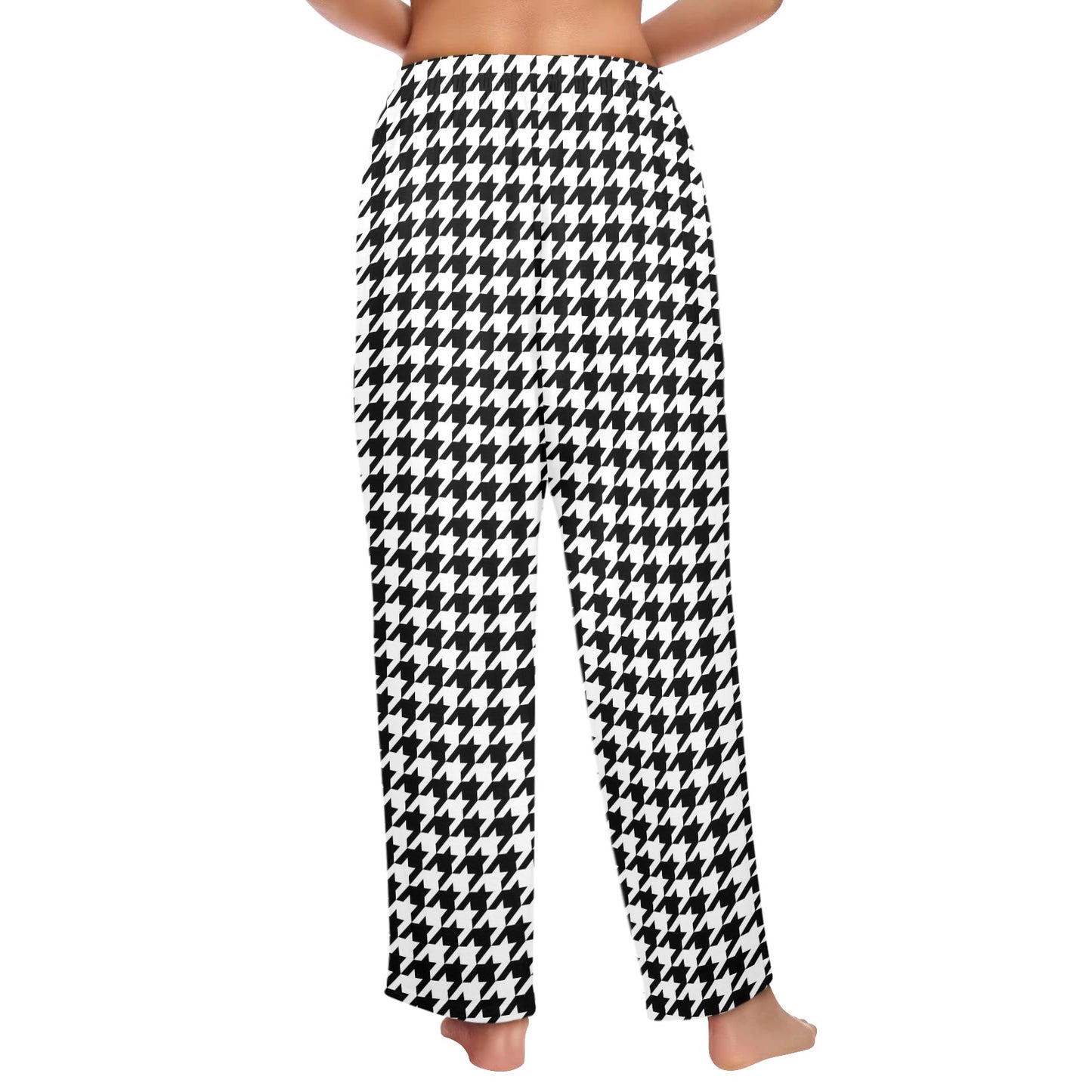 Houndstooth Women Pajamas Pants, Black White Pattern Satin PJ Pockets Trousers Couples Matching Ladies Trousers Bottoms