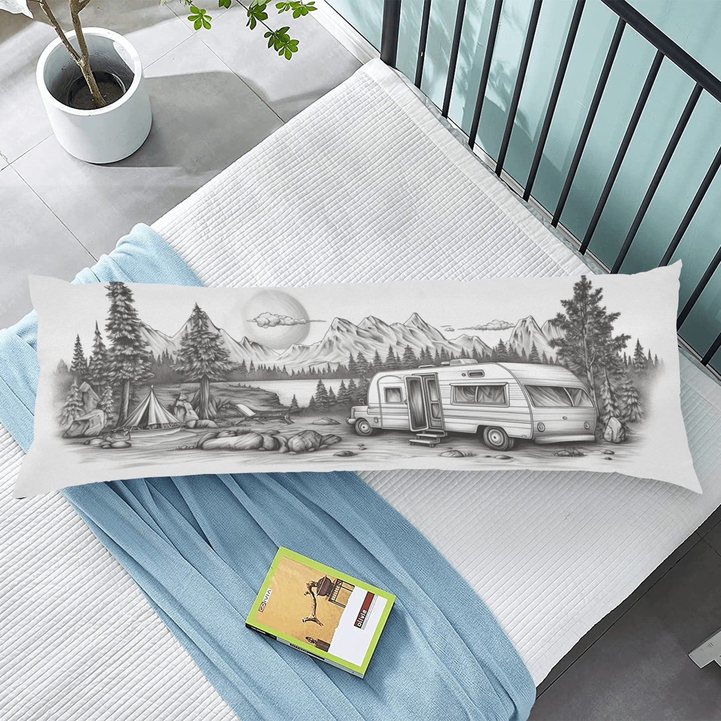 Camping Body Pillow Case, Mountains Outdoor Camper RV Black White Long Large Bed Accent Print Throw Decor Decorative Cover 20x54 Zipper