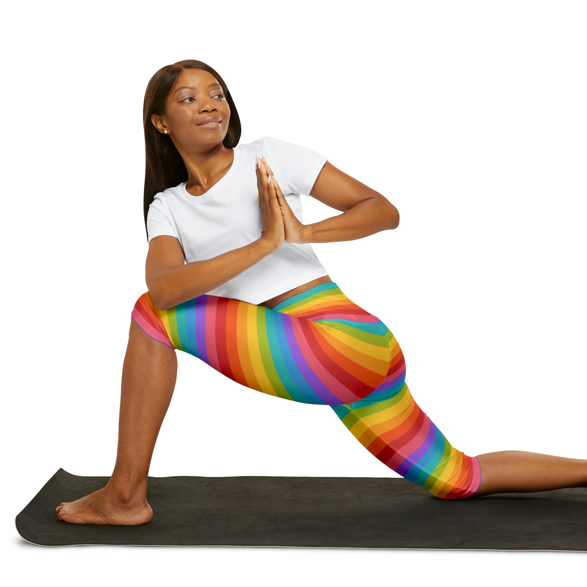 Rainbow Striped Capri Leggings Women, Knee Length Cropped Yoga