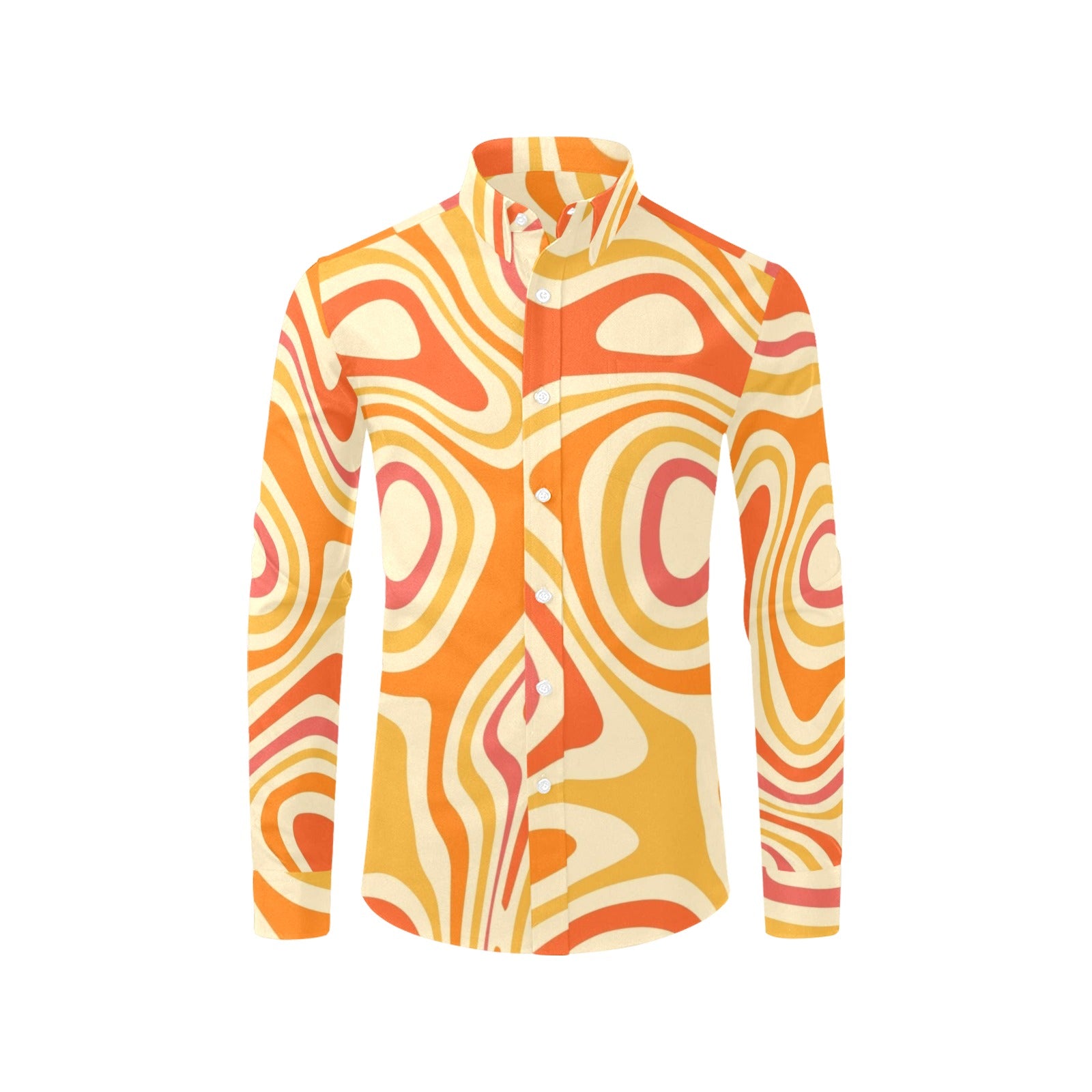 Retro 70s Long Sleeve Men Button Up Shirt, Vintage Trippy Groovy Funky  Orange Psychedelic Print Dress Buttoned Collared Dress Chest Pocket