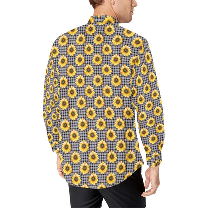 Sunflowers Long Sleeve Men Button Up Shirt, Yellow Floral Flowers Print Casual Buttoned Collared Dress Shirt with Chest Pocket Guys Male