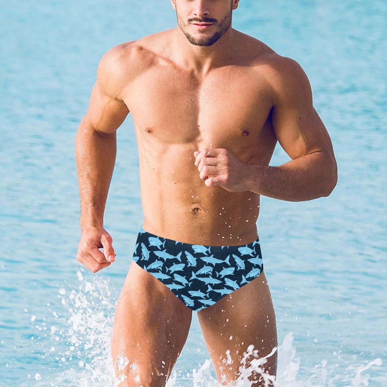 Shark Men Swim Briefs, Navy Blue Beach Ocean Sexy Swimwear Trunks Swim –  Starcove Fashion