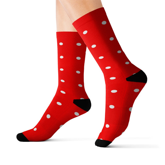 Red Polka Dots Socks, White Crew 3D Sublimation Women Men Designer Fun Novelty Cool Funky Casual Cute Unique Gift Starcove Fashion