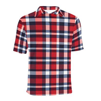 Red White Blue Check Men Polo Shirt, Plaid Tartan Vintage Stripe Short Sleeve Classic Collared Button Down Up Rugby Golf Polo Gift for Him