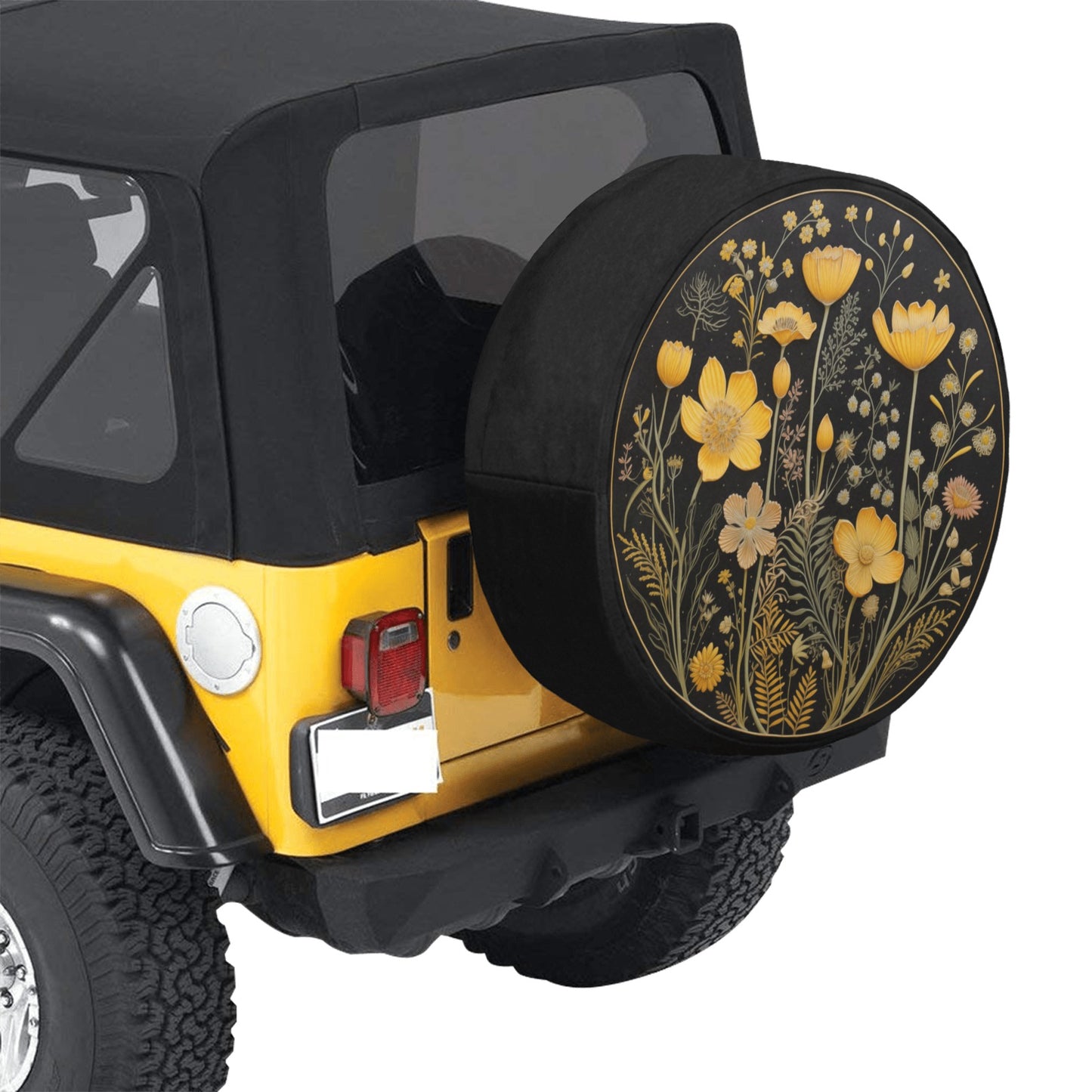 Yellow Flowers Spare Tire Cover, Faux Embroidery Printed Floral Wheel Accessories Unique Design Backup Camera Hole Trailer Back Women RV