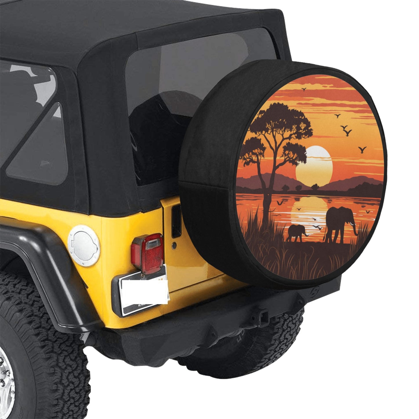 Safari Spare Tire Wheel Cover, Sunset Africa Wild Animal Elephants Adventure Travel Back Up Camera Hole Design Spare RV Car Lover Camper