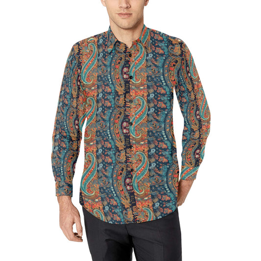 Paisley Men Button Up Shirt, Mixed Bandana Long Sleeve Pattern Print Dress Buttoned Collar Casual Dress Collared Shirt with Chest Pocket