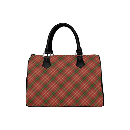 Red Tartan Plaid Handbag Purse, Red Green Checkered Check Print Canvas Leather Top Handle Barrel Boston Type Designer Women Ladies Bag