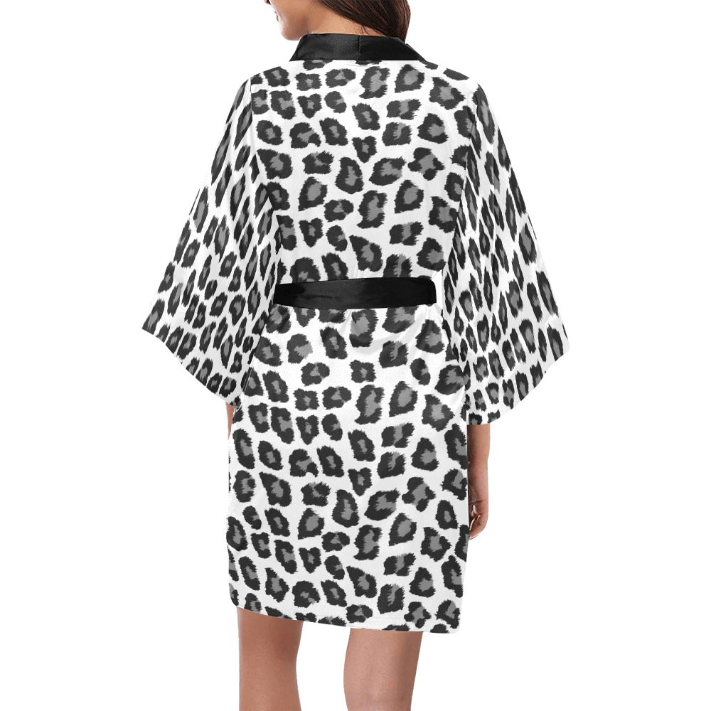 Snow Leopard Print Kimono Robe, Animal Black White Women's Lounge Peignoir Sleepwear Sexy Short Long Bathrobe Pajamas