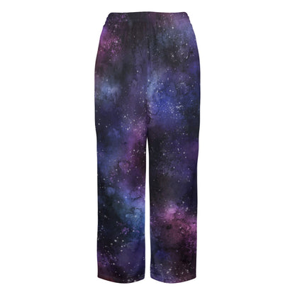 Space Galaxy Women Pajamas Pants, Universe Purple Cosmos Satin PJ Funny Pockets Trousers Couples Matching Ladies Trousers Bottoms