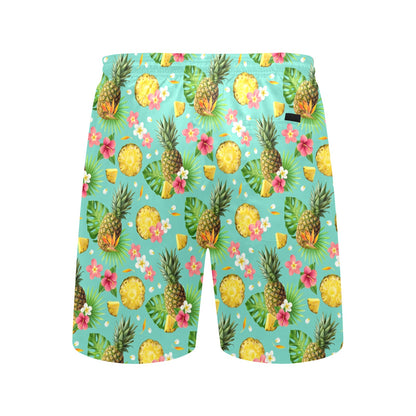 Pineapple Men Swim Trunks, Tropical Plants Green Mid Length Shorts Beach Surf Wear Front Back Pockets Mesh Lining Drawstring Bathing Suit