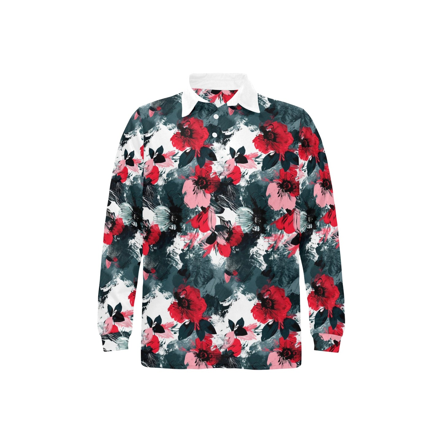 Floral Men Long Sleeve Polo Shirt, Red Green White Flowers Brush Vintage Designer Full Button Up Collared Golf Casual Tshirt Guys Top