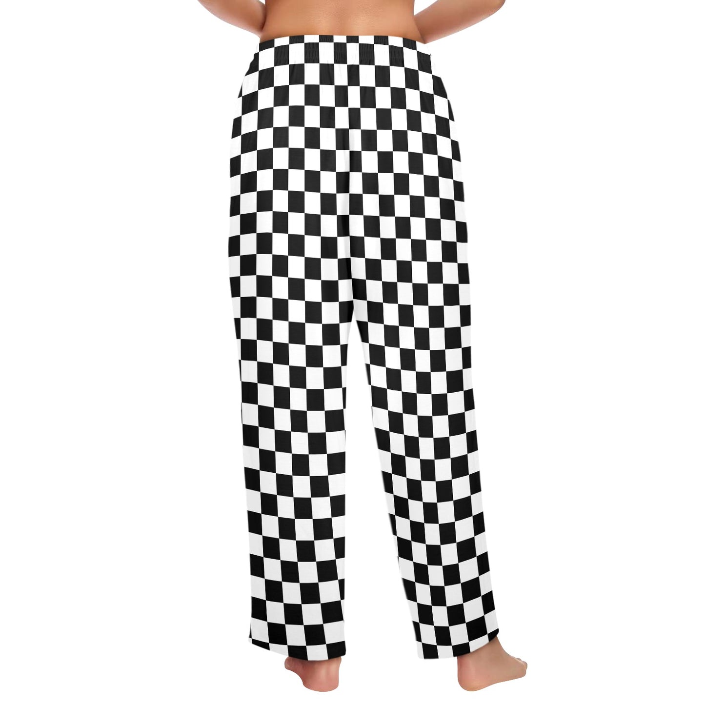 Checkered Women Pajamas Pants, Black White Check Checkerboard Satin PJ Pockets Trousers Couples Matching Ladies Trousers Bottoms